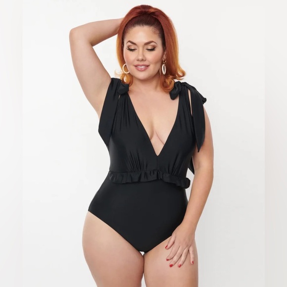 Unique Vintage Black Plunge One Piece Swimsuit, Size 1X, NWT! - Picture 2 of 11